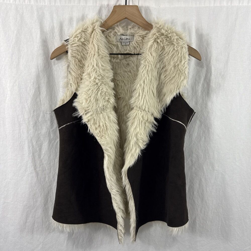 Au Lieu Penny Lane Y2K Brown Faux Fur Open Sleeveless Vest Boho Womens Sz S